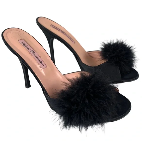 Agent Provacateur Enrica Women’s Slip On Satin Black Pom Pom Trim Heels 8.5-9 - Picture 7 of 11